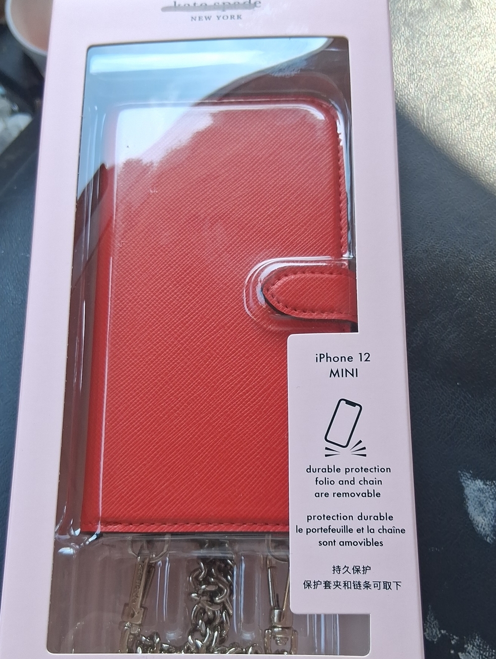 kate spade coral-red folio wallet case with removable chain for iPhone 12 Mini